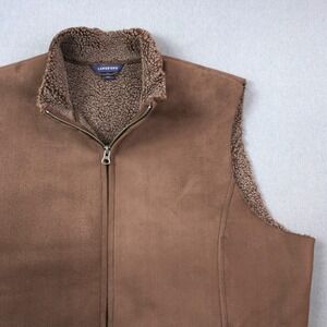 Lands' End Microsuede Western Womens XL Fleece Lined Vest Brown Zip Sleeveless